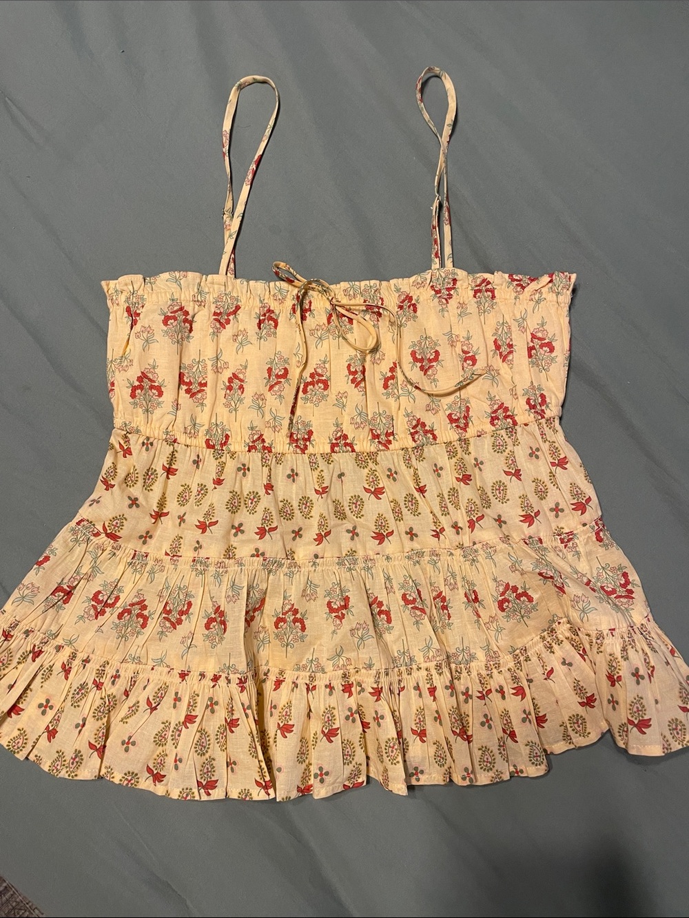 Floral Smocked Ruffle Cami Top - Soft Orange with Red Print